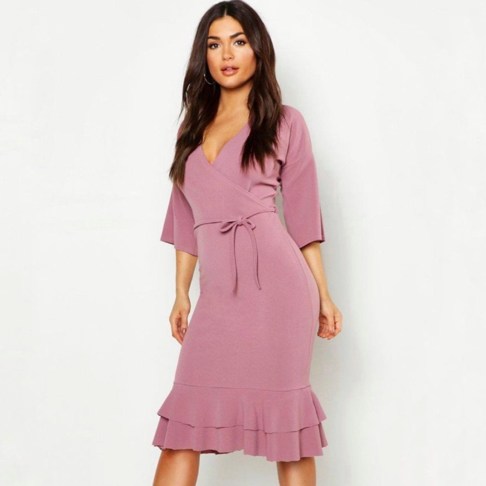 Boohoo Pink Wrap Frill Midi Dress Dusty Rose 4 NWT